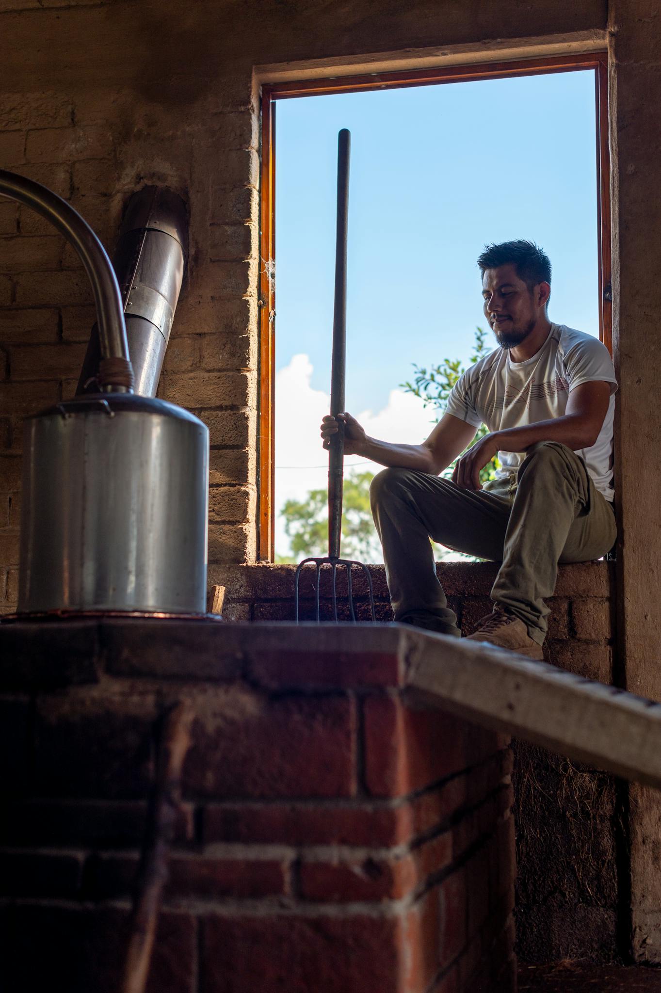 Portrait of a man in a distillery sitting by a window with distilling equipment.