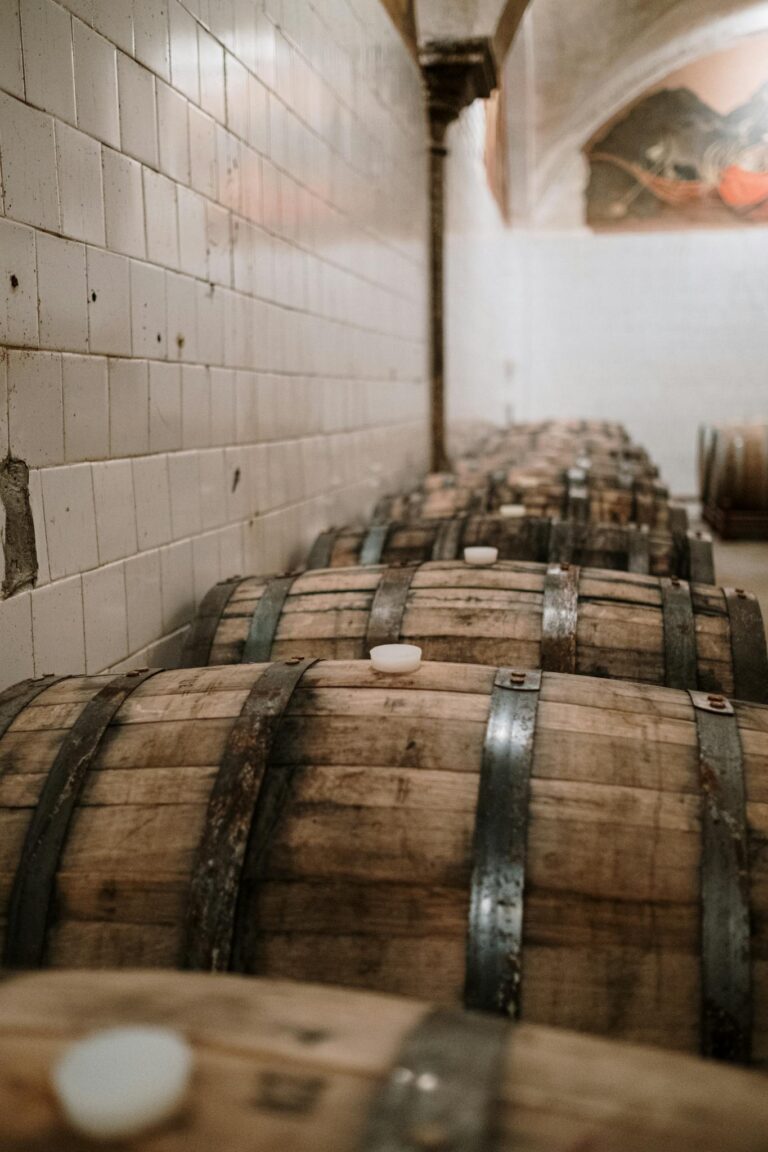 Row of wooden barrels in a dimly lit distillery cellar with a rustic ambiance.